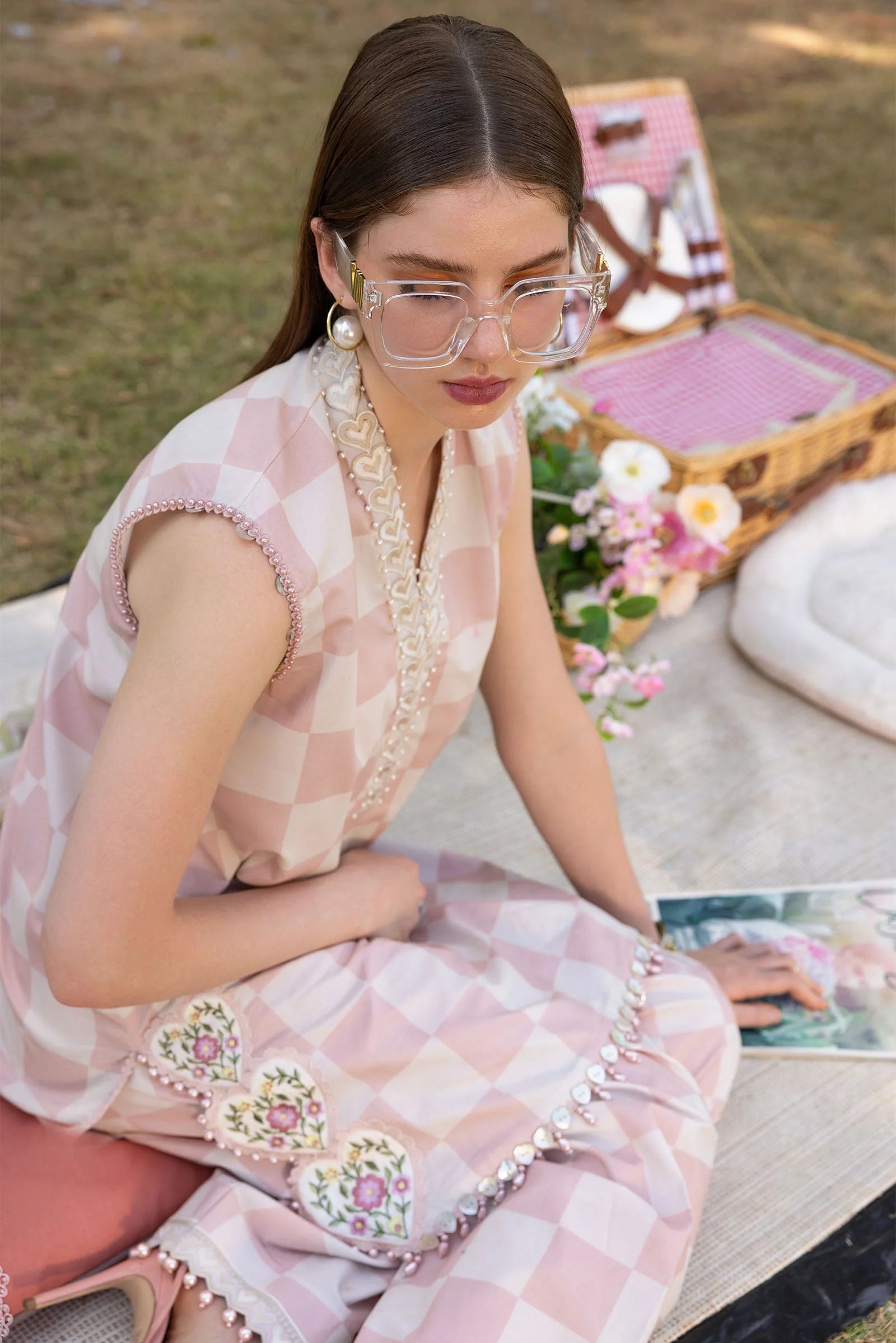 All-Over Checkerboard Print Embroidered Lawn Dress for EID & Party Wear