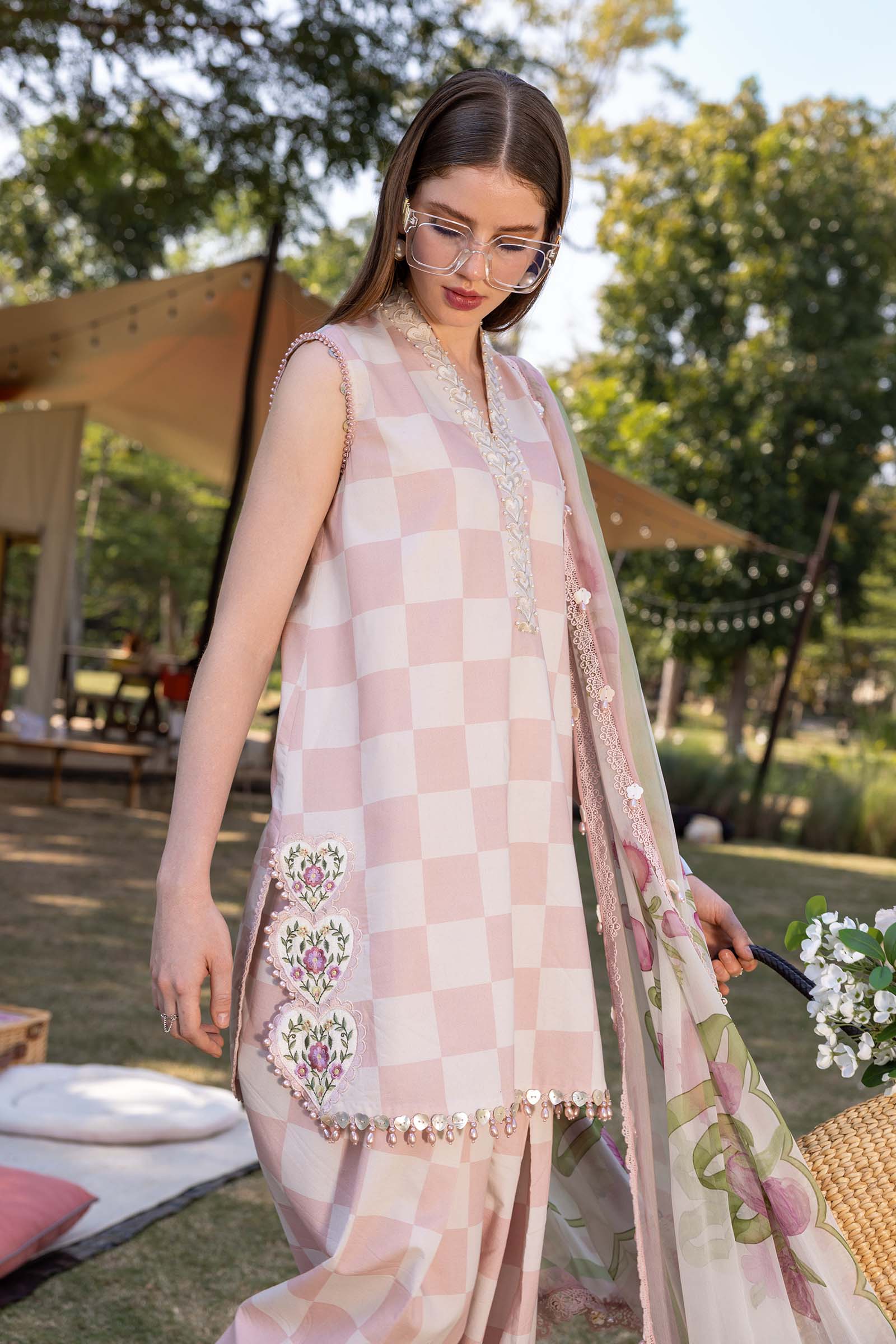 All-Over Checkerboard Print Embroidered Lawn Dress for EID & Party Wear
