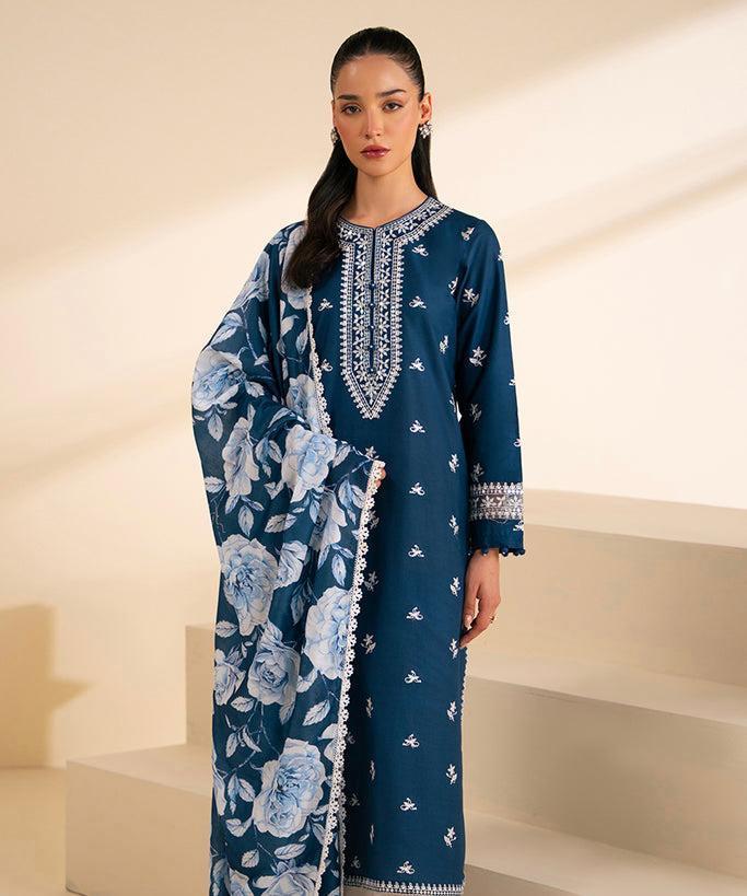 Signature Heavy Embroidered Lawn Suit with Diamond Digital Dupatta - Teal Rose