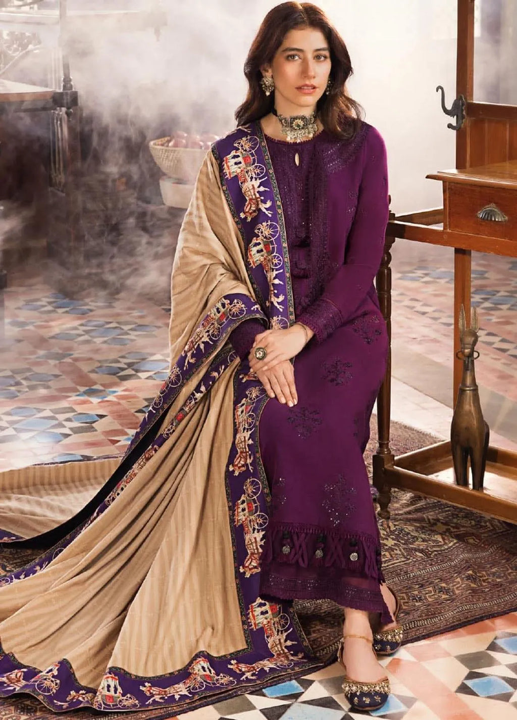 Signature Self-Embroidered Lawn Suit with Premium Diamond Dupatta - Rich Purple