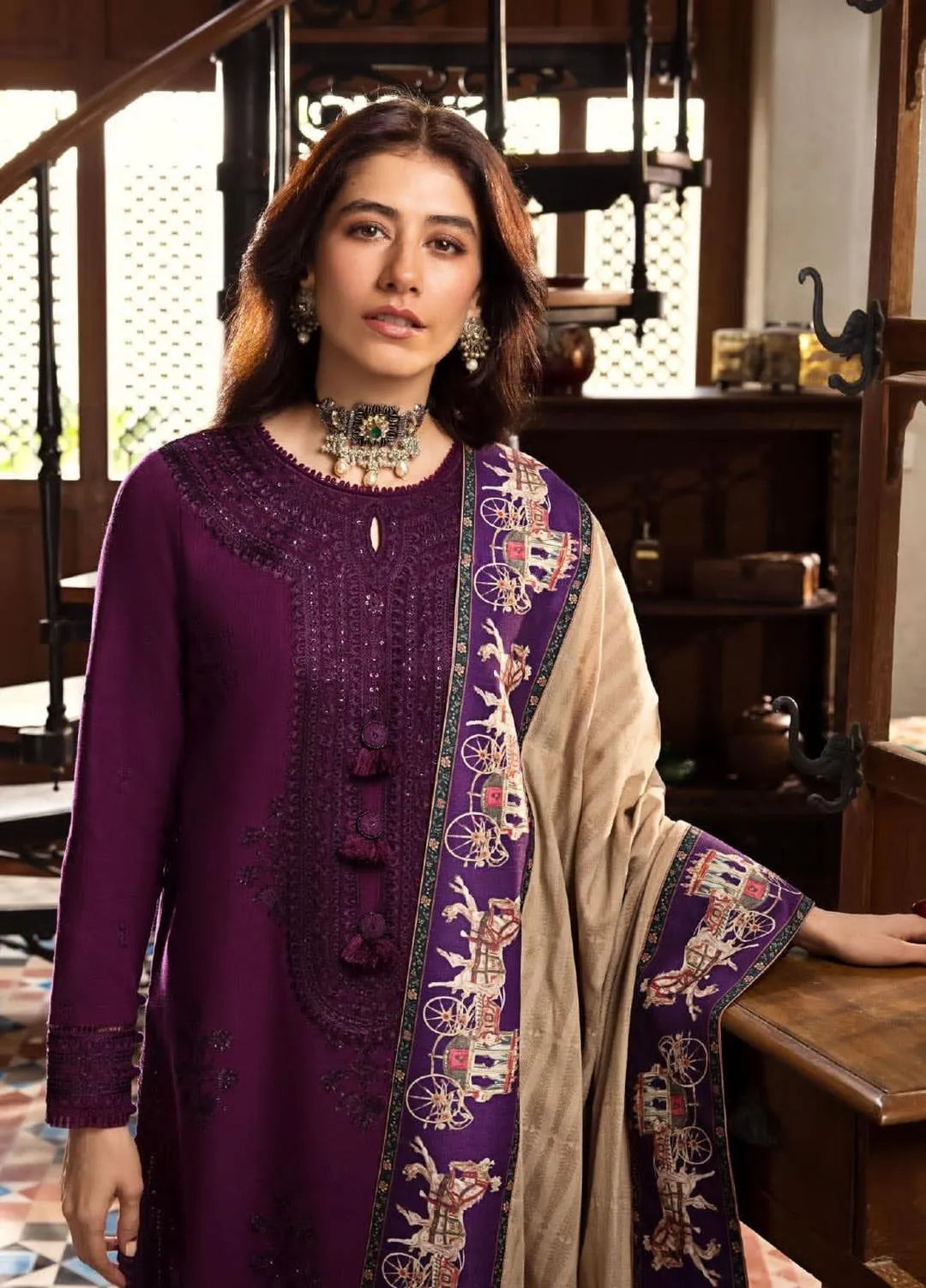 Signature Self-Embroidered Lawn Suit with Premium Diamond Dupatta - Rich Purple