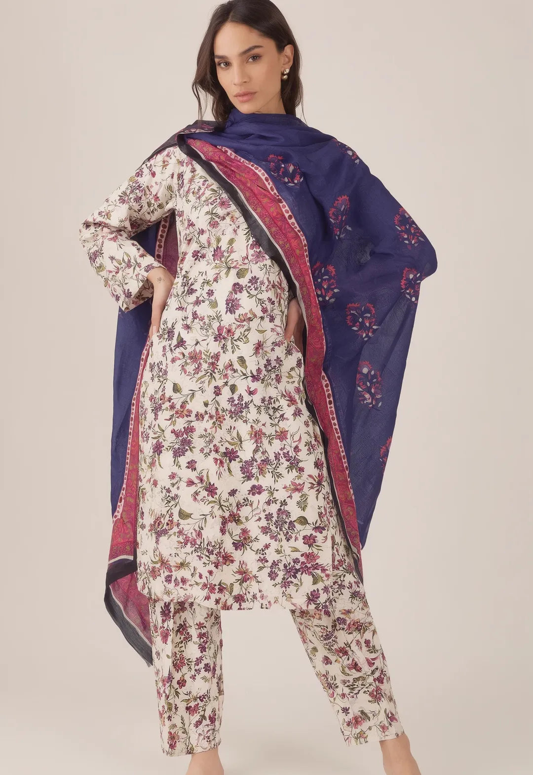 Indigo Bloom  3 Piece Elegant Unstitched Digital Printed Lawn Suit