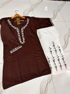 Ready to Wear Embroidered Cotton 2-Piece Flapper Set - Brown