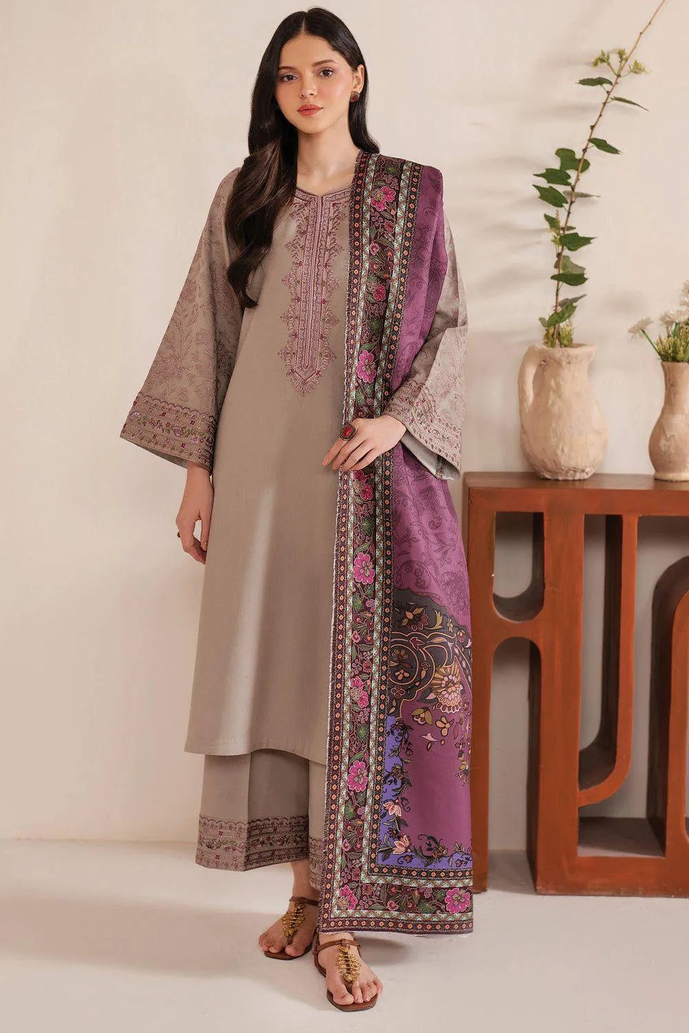 Signature Luxury Embroidered Lawn Suit - Beige & Purple.