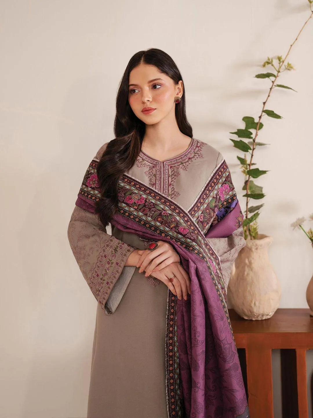 Signature Luxury Embroidered Lawn Suit - Beige & Purple.