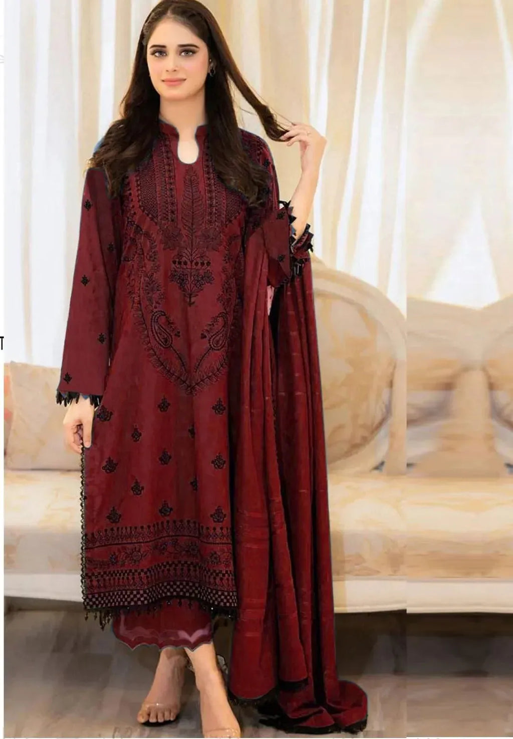 Women 3 Piece Maroon Embroidered Lawn Suit