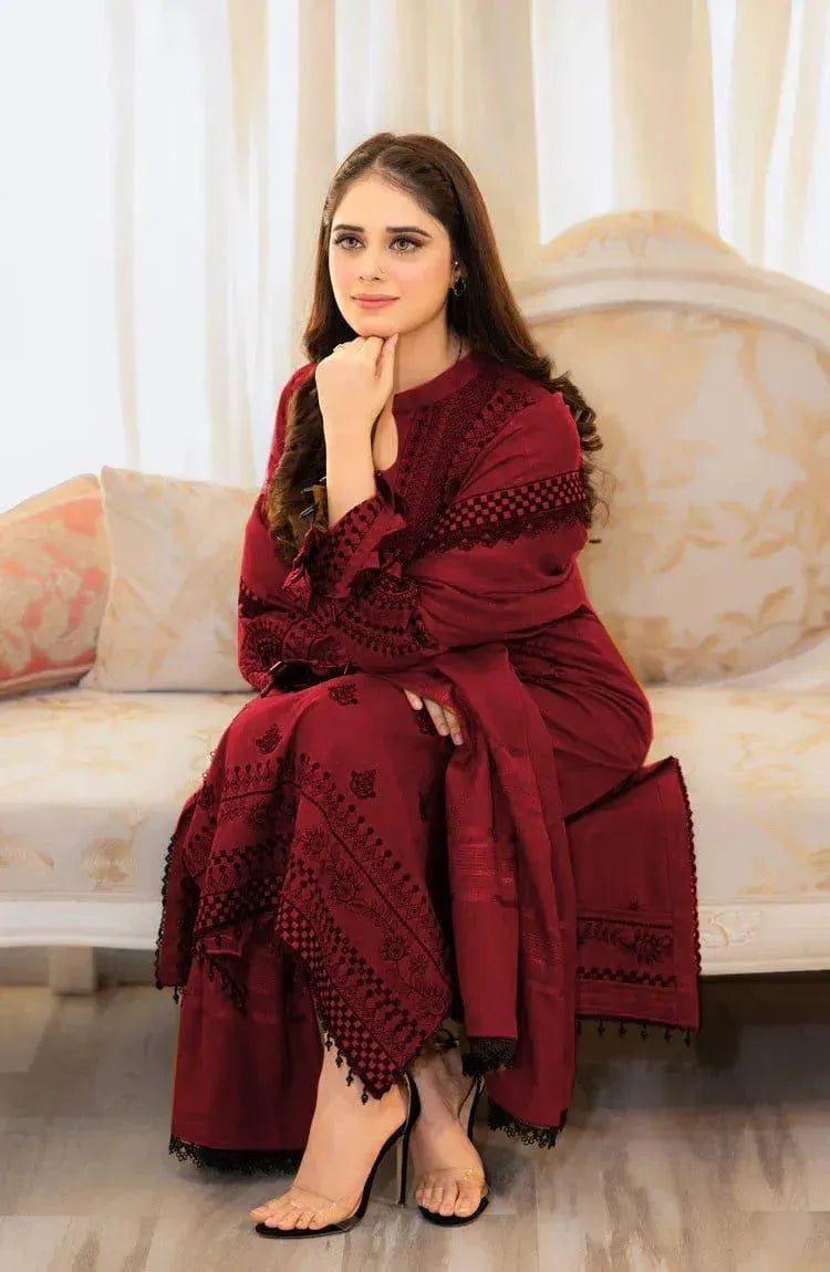 Women 3 Piece Maroon Embroidered Lawn Suit