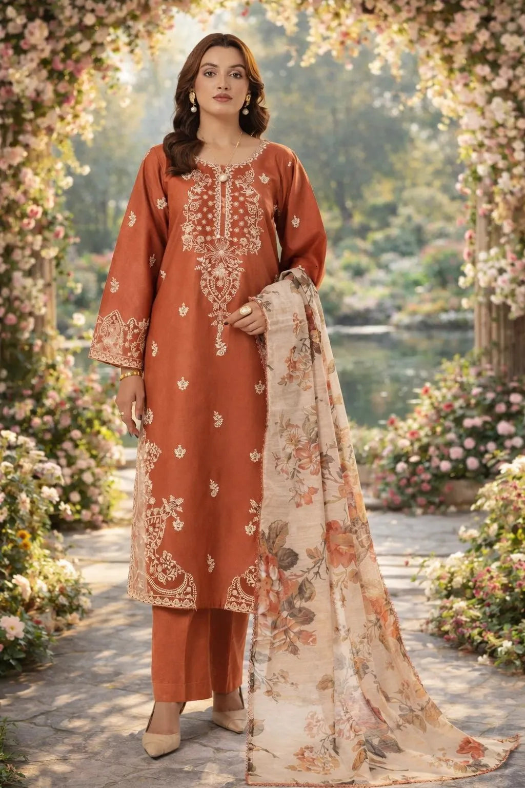 Signature Embroidered Lawn 3-Piece Suit with Diamond Voile Dupatta - Rust Copper