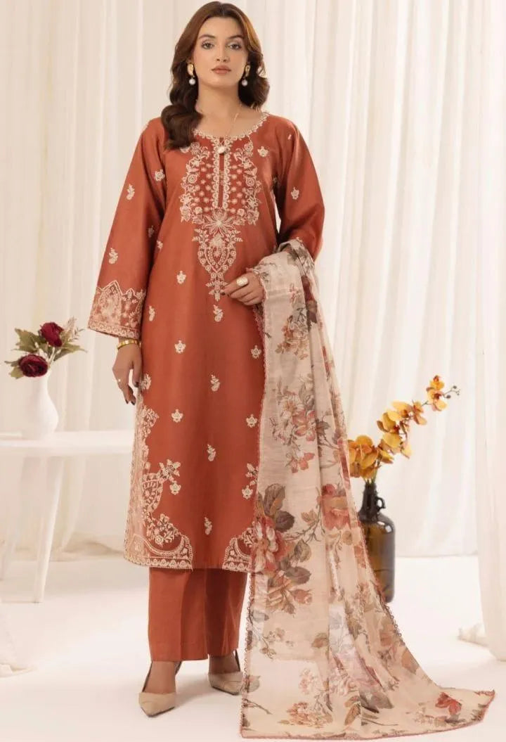 Signature Embroidered Lawn 3-Piece Suit with Diamond Voile Dupatta - Rust Copper
