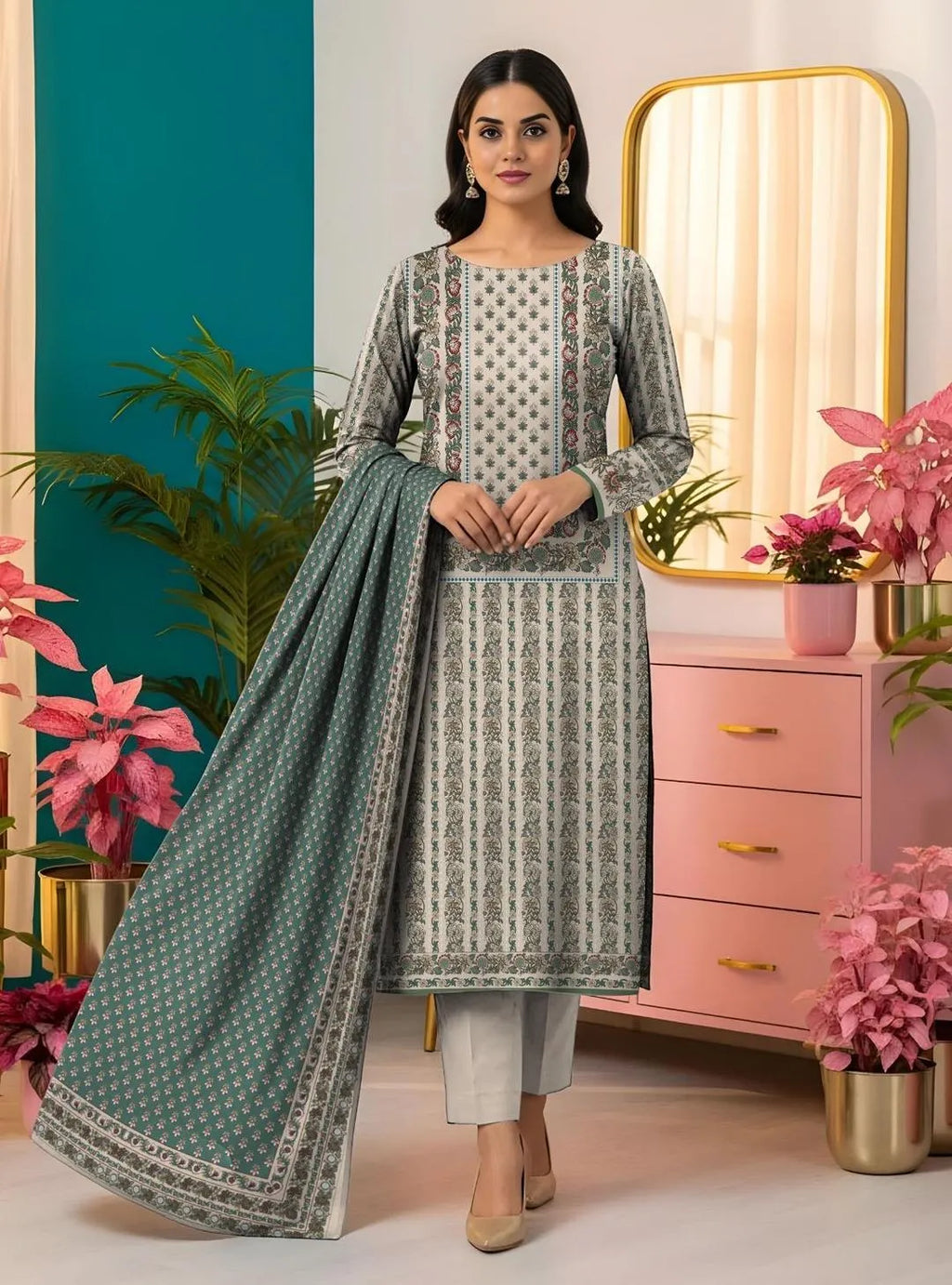 Premium Printed Dobby Lawn 3-Piece Suit - Sage & Off-White
