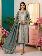 Premium Printed Dobby Lawn 3-Piece Suit - Sage & Off-White