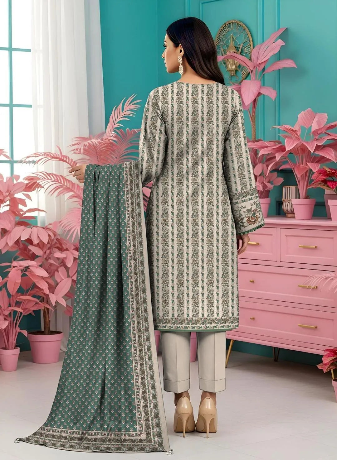 Premium Printed Dobby Lawn 3-Piece Suit - Sage & Off-White