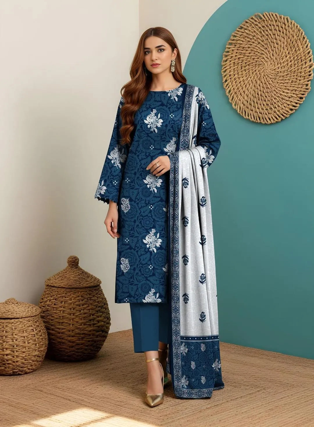 Signature Intricate Embroidered Dobby Lawn 3-Piece Suit - Prussian Blue