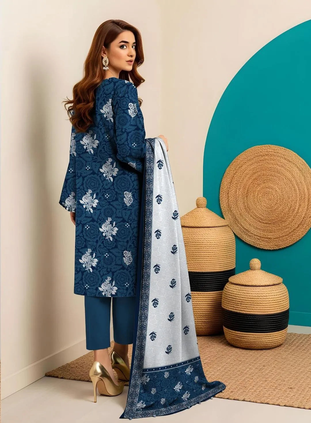 Signature Intricate Embroidered Dobby Lawn 3-Piece Suit - Prussian Blue
