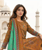 Signature Embroidered Luxury Lawn 3-Piece Suit with Cutwork Dupatta - Golden Mustard & Green