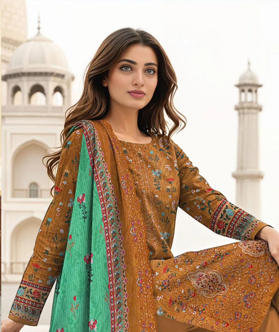 Signature Embroidered Luxury Lawn 3-Piece Suit with Cutwork Dupatta - Golden Mustard & Green