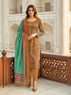 Signature Embroidered Luxury Lawn 3-Piece Suit with Cutwork Dupatta - Golden Mustard & Green