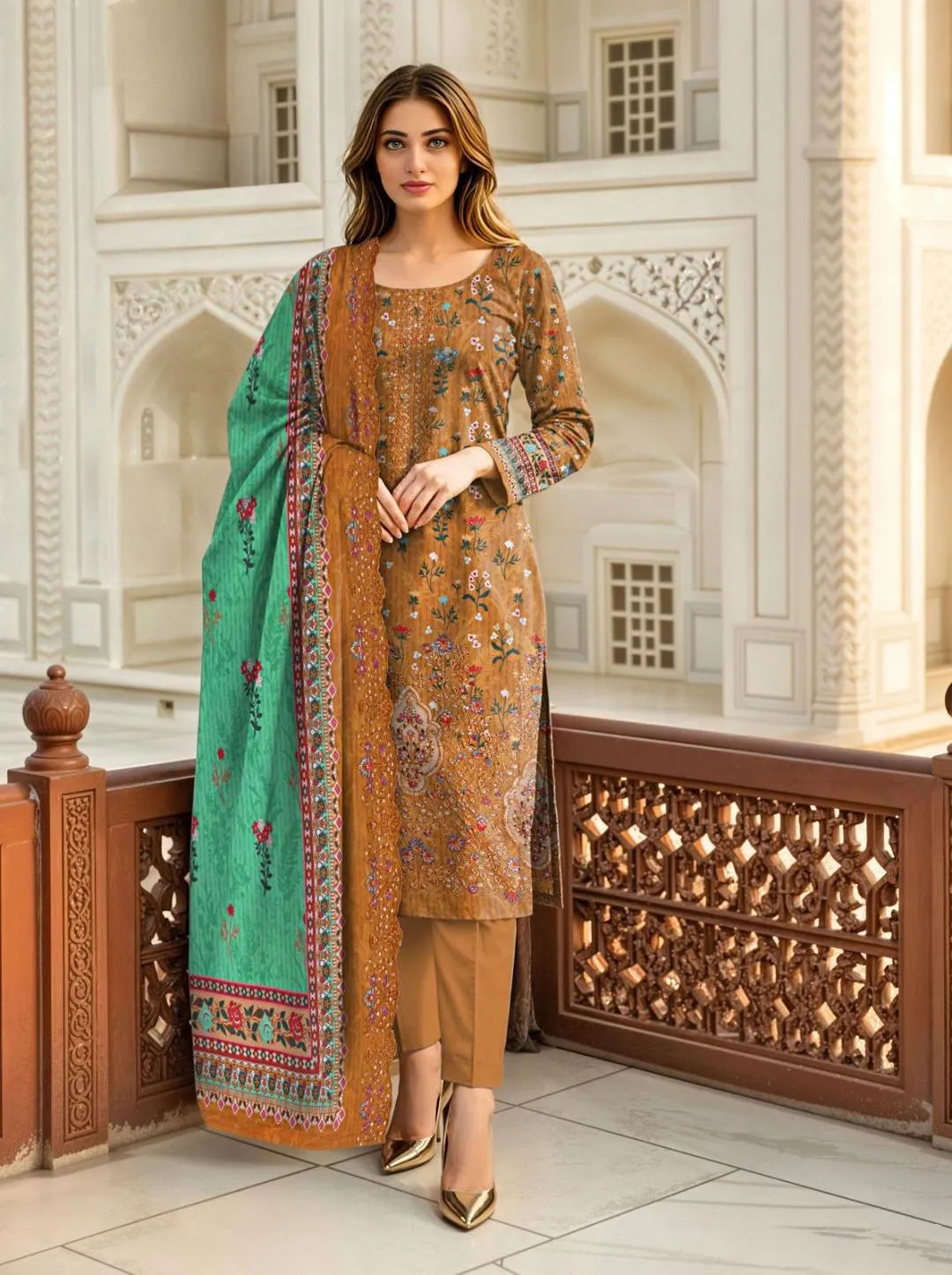 Signature Embroidered Luxury Lawn 3-Piece Suit with Cutwork Dupatta - Golden Mustard & Green