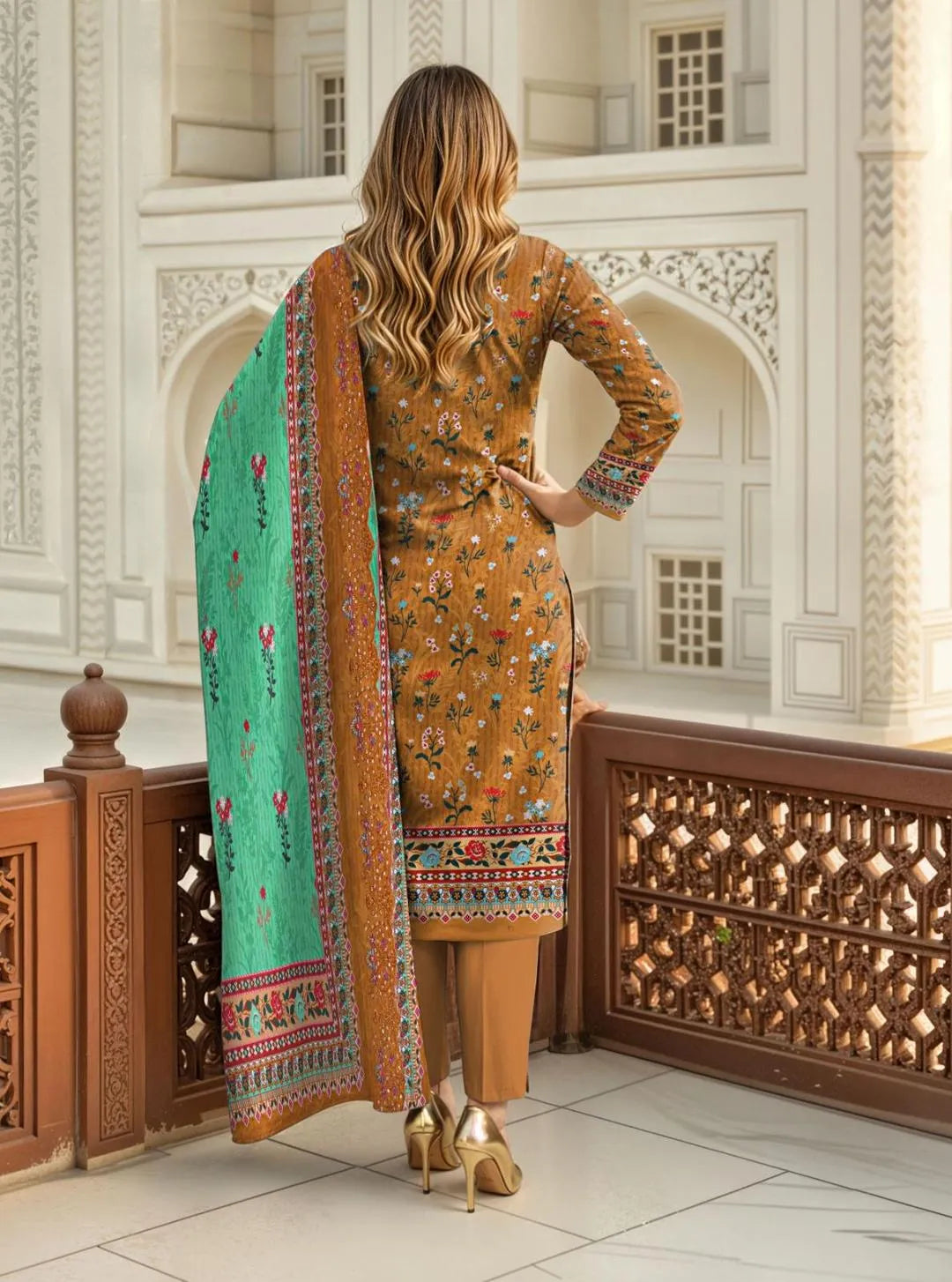 Signature Embroidered Luxury Lawn 3-Piece Suit with Cutwork Dupatta - Golden Mustard & Green