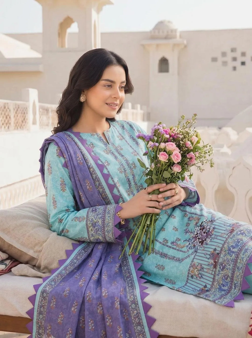 Ice Blue & Violet Printed Dobby Lawn 3-Piece Suit