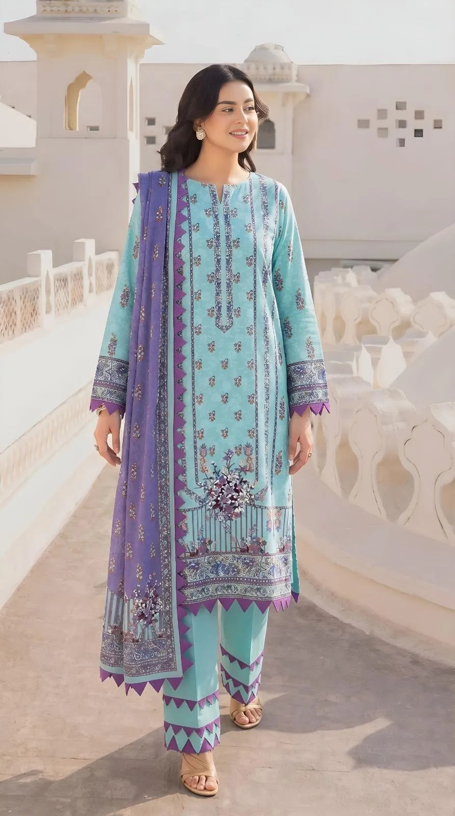 Ice Blue & Violet Printed Dobby Lawn 3-Piece Suit