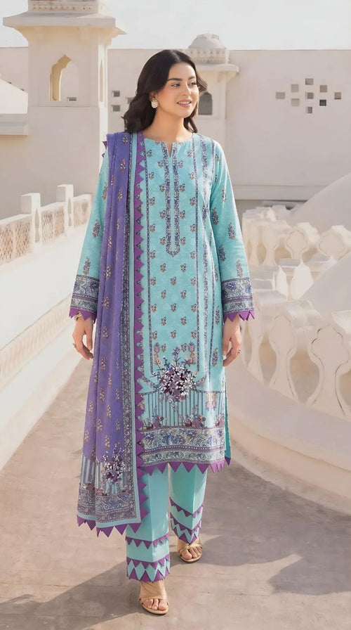 Ice Blue & Violet Printed Dobby Lawn 3-Piece Suit