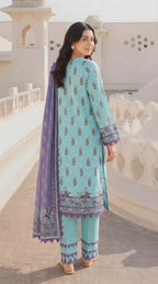 Ice Blue & Violet Printed Dobby Lawn 3-Piece Suit