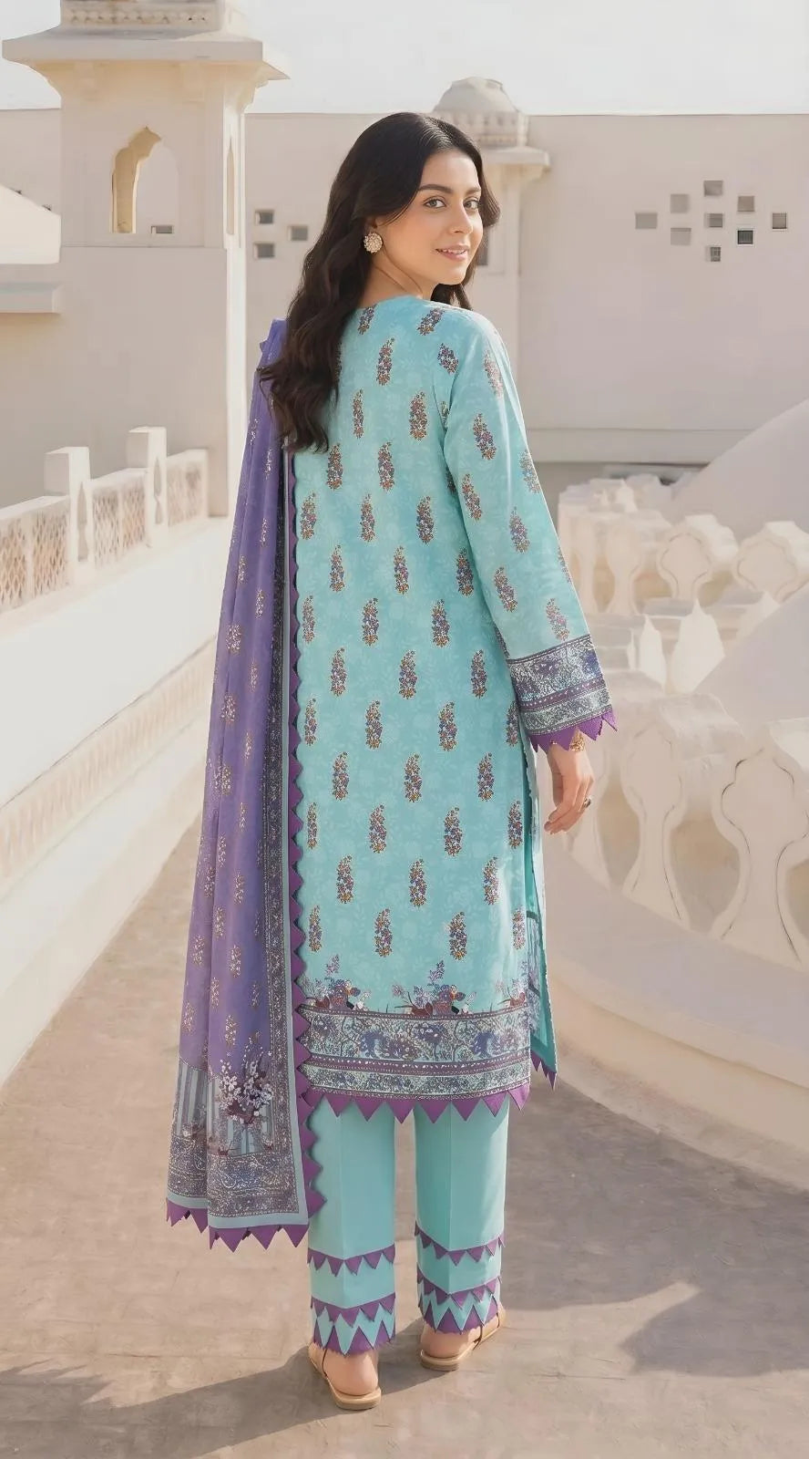 Ice Blue & Violet Printed Dobby Lawn 3-Piece Suit