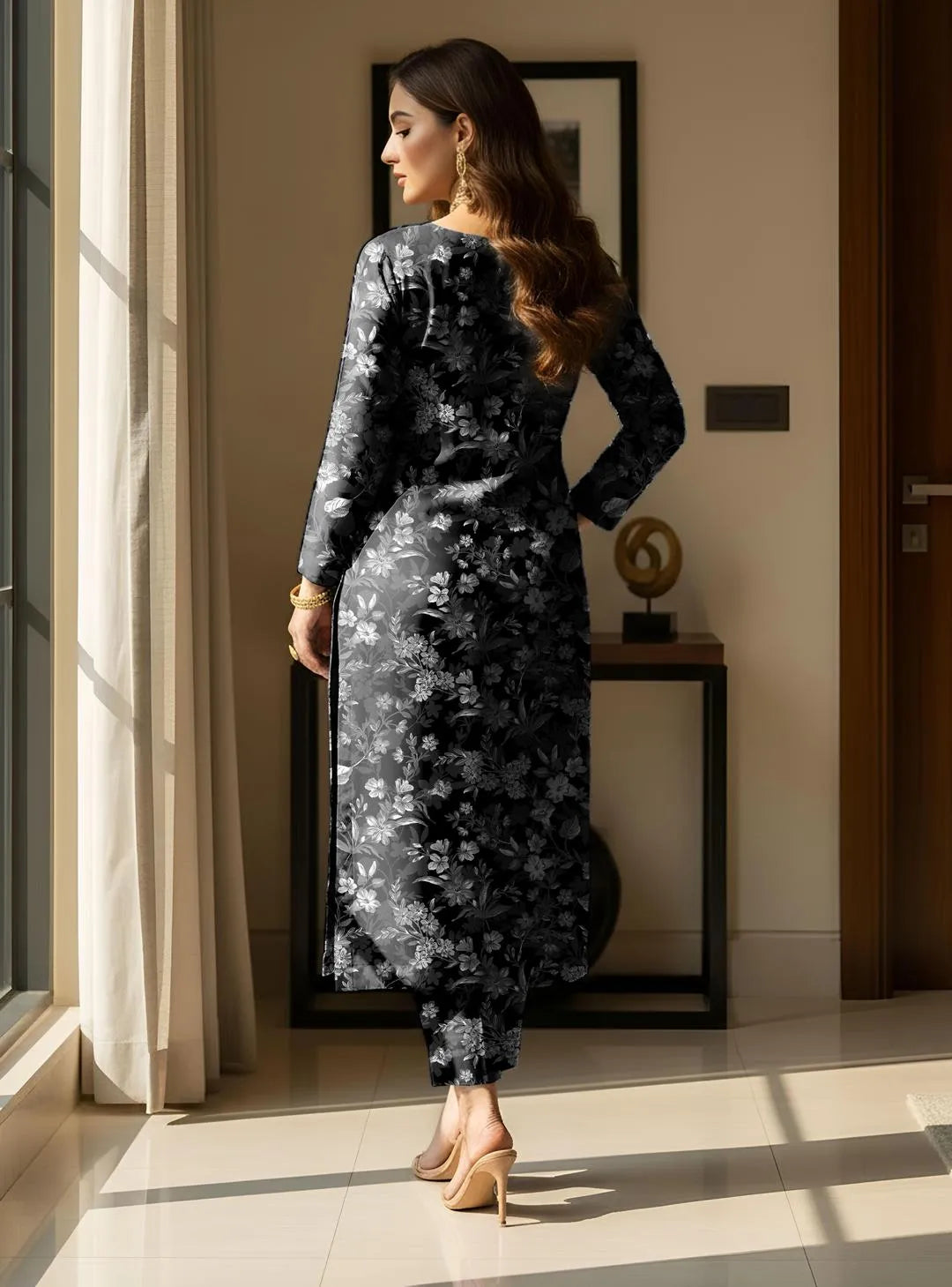 Monochrome Charcoal Floral Printed Lawn 2-Piece Co-ord Set