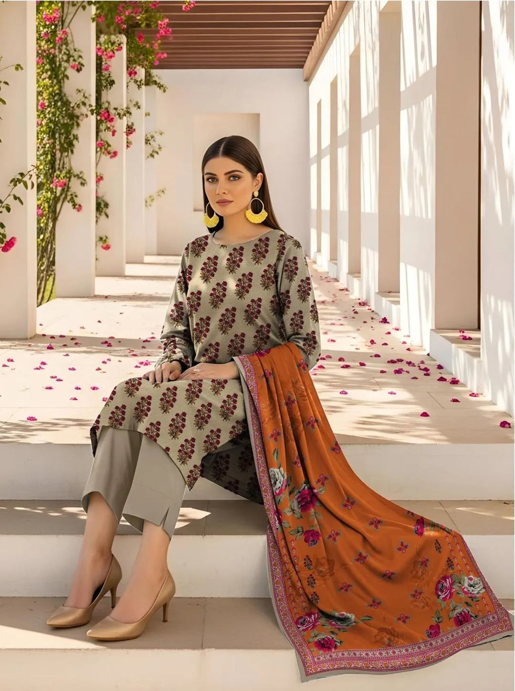 Elegant Printed Lawn 3-Piece Suit with Dobby Lawn Dupatta - Sage & Rust