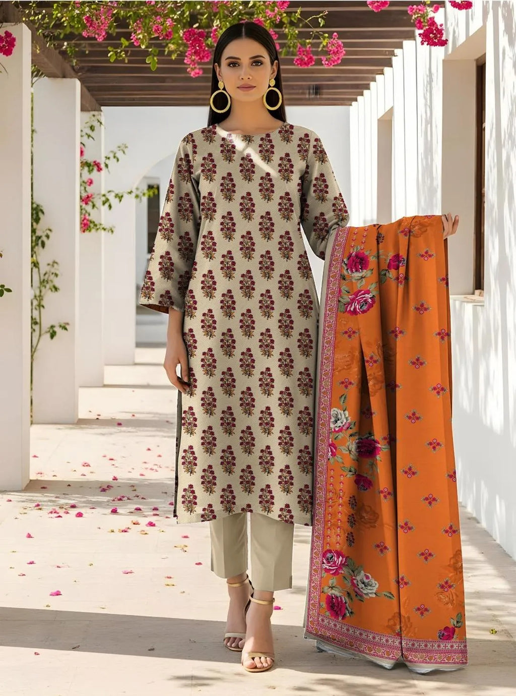 Elegant Printed Lawn 3-Piece Suit with Dobby Lawn Dupatta - Sage & Rust