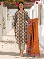 Elegant Printed Lawn 3-Piece Suit with Dobby Lawn Dupatta - Sage & Rust