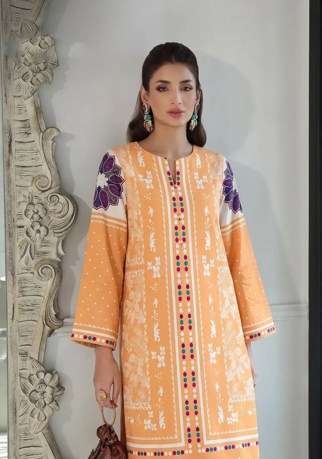 Pastel Orange Geometric Fusion Printed Lawn 2-Piece Co-ord Set