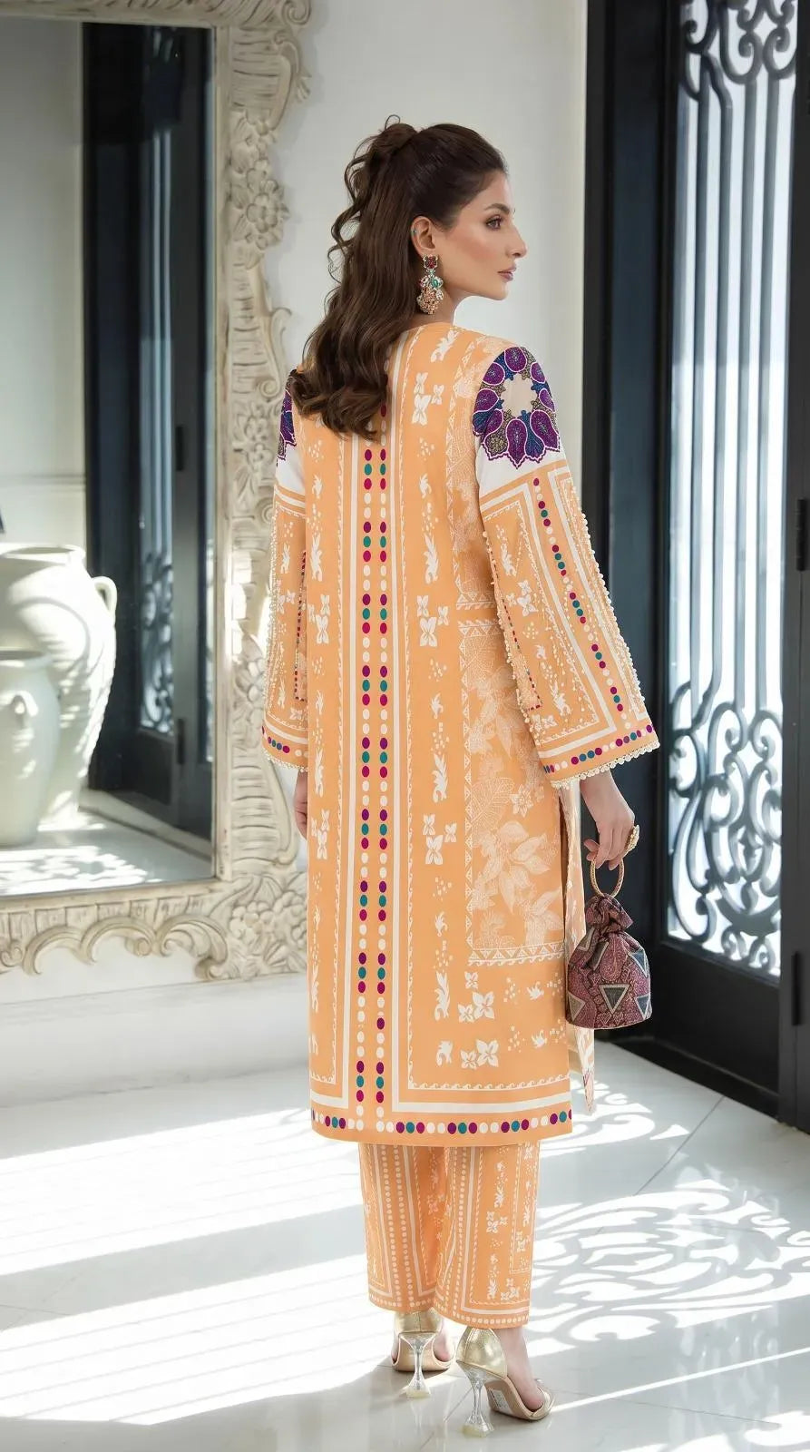 Pastel Orange Geometric Fusion Printed Lawn 2-Piece Co-ord Set
