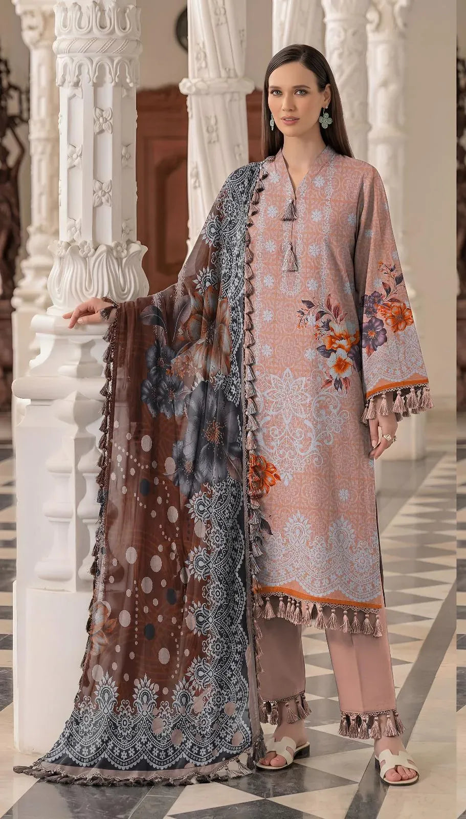 Graceful Printed Lawn 3-Piece Suit - Salmon Peach & Coffee