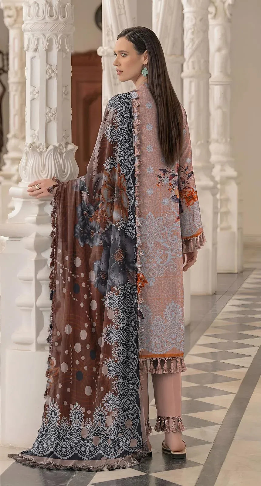 Graceful Printed Lawn 3-Piece Suit - Salmon Peach & Coffee