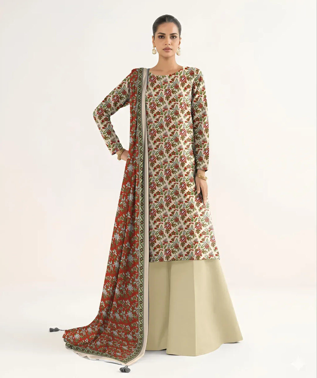 Premium Printed Dobby Lawn 3-Piece Suit - Off White & Rust