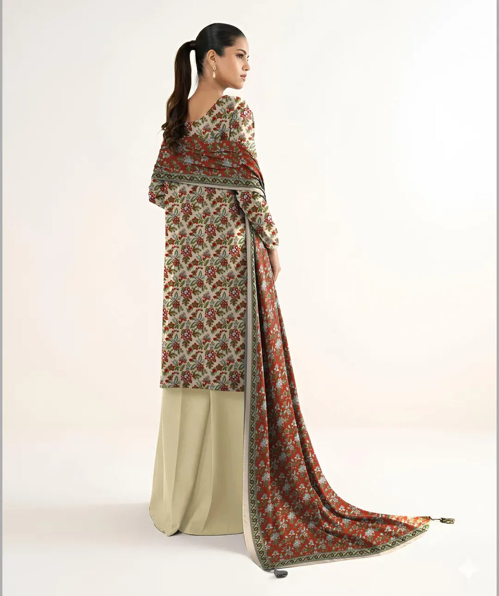 Premium Printed Dobby Lawn 3-Piece Suit - Off White & Rust