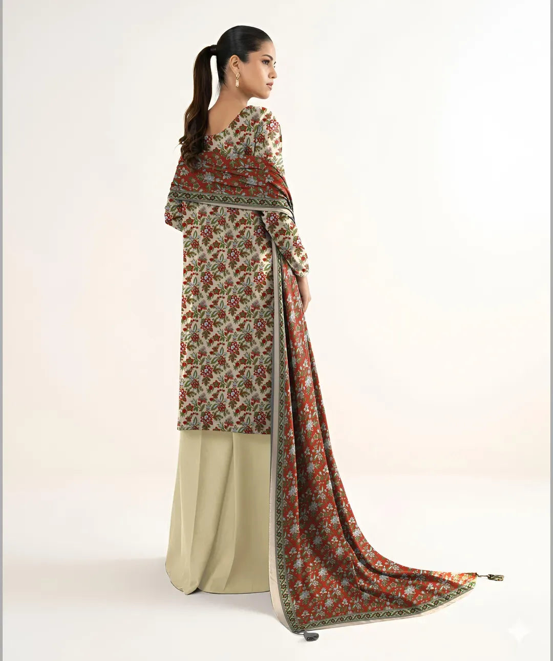 Premium Printed Dobby Lawn 3-Piece Suit - Off White & Rust