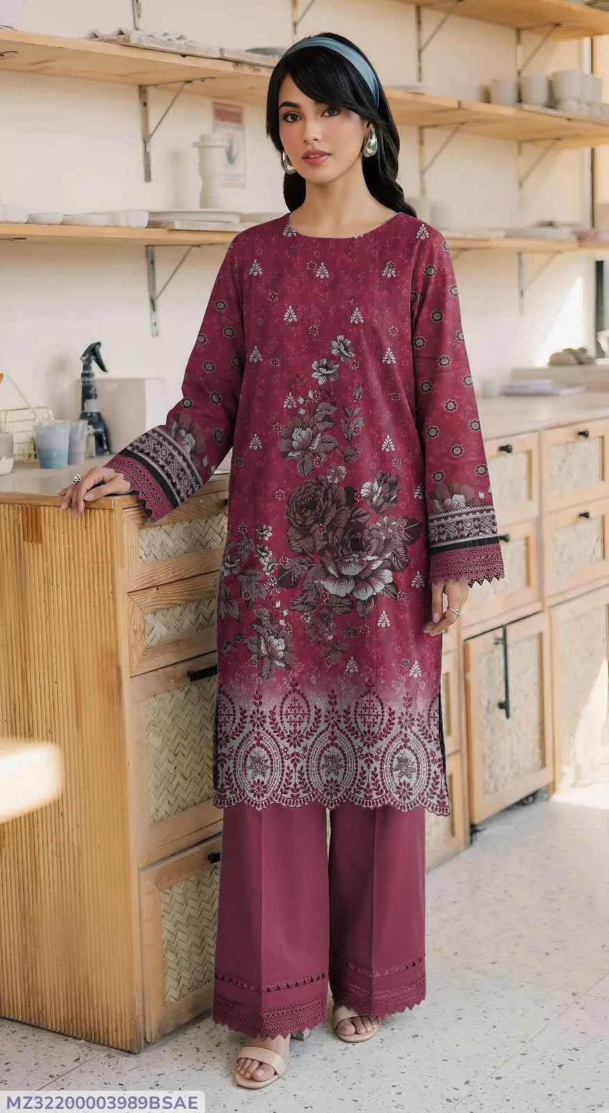 Deep Maroon-Red Embroidered Lawn 2-Piece Suit