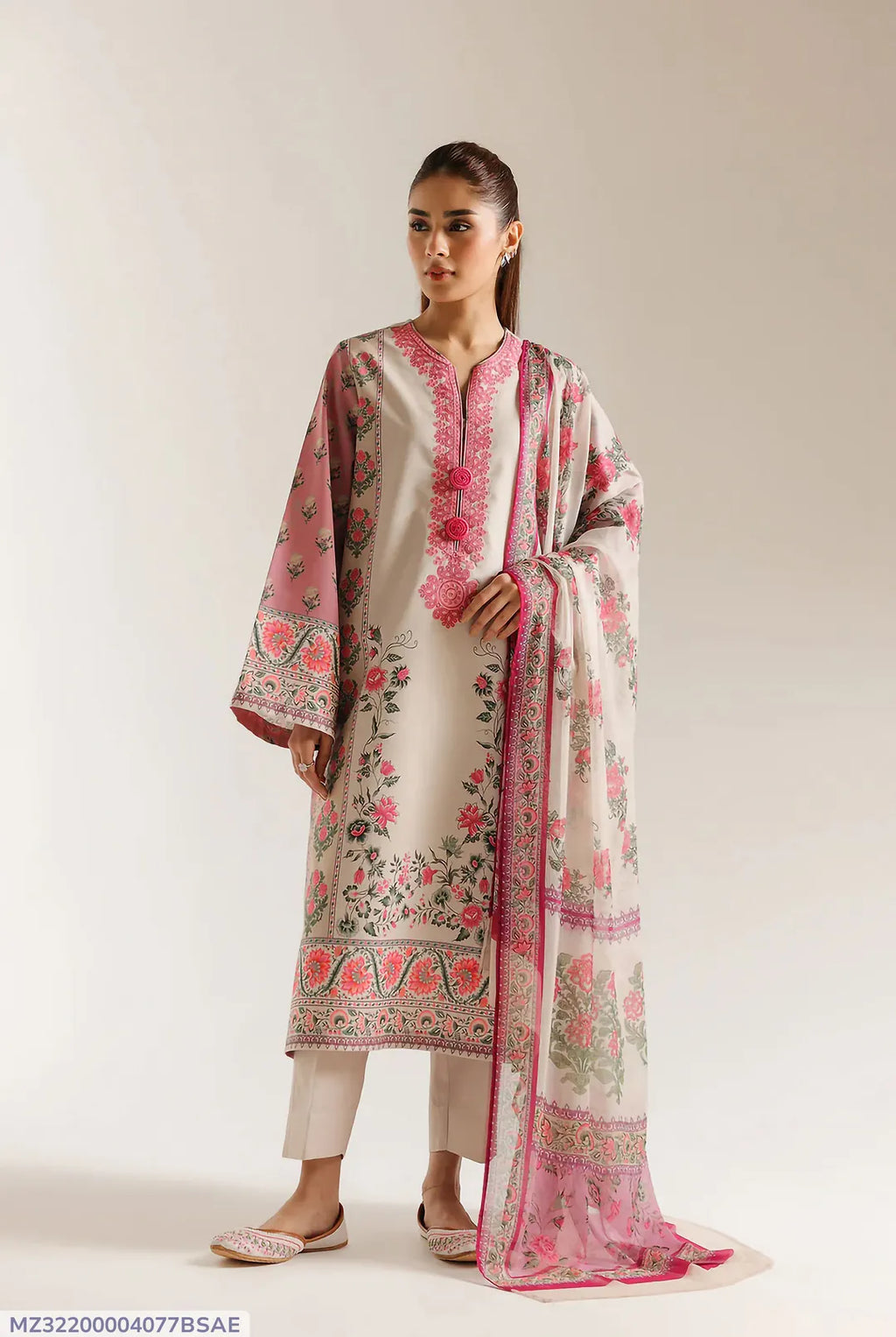 Blush Meadow Printed Lawn 3-Piece Suit - Cream & Pink