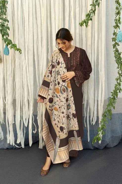 Signature Luxe Embroidered Lawn 3-Piece Suit - Chocolate Brown